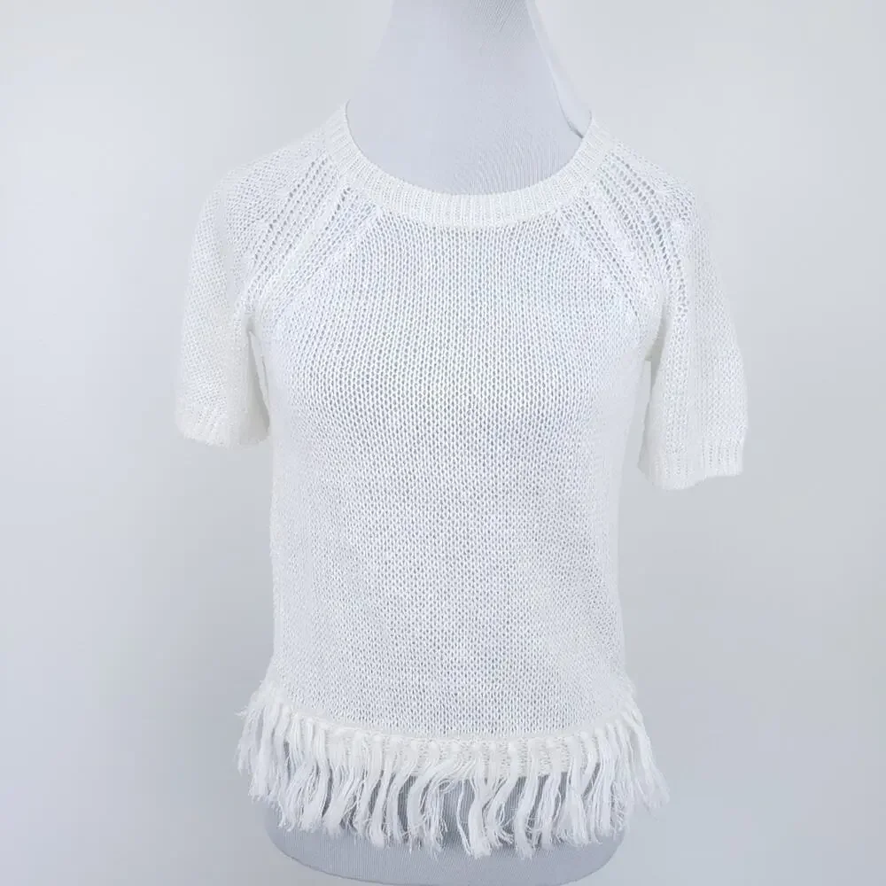 J. Crew 100% Linen Open Knit Sweater, Fringe Bottom, White XXS, Short Sleeve
